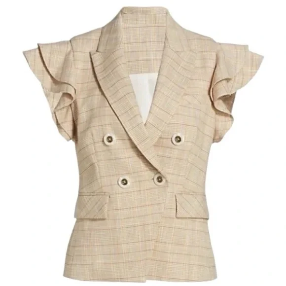 $595 Veronica Beard Janae Plaid Ruffle Blazer Jacket Button Up Khaki Multi Sz 00 - Picture 4 of 14